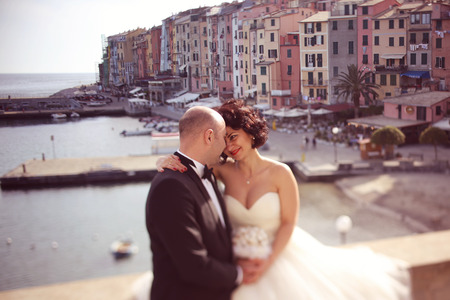 Bride and groom huggingの写真素材