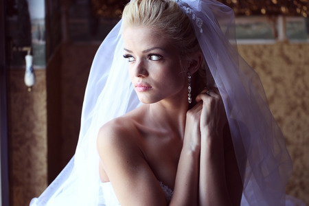 Gorgeous bride with veil posingの写真素材