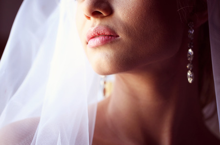 Gorgeous bride with veil posingの写真素材