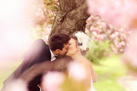 Bride and groom embracing in the parkの写真素材