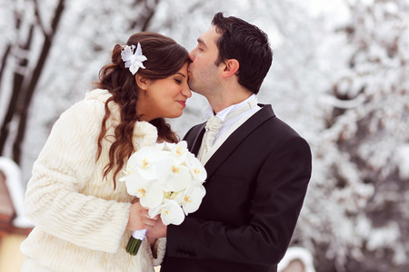 Bride and groom at the church during a wedding ceremonyの写真素材