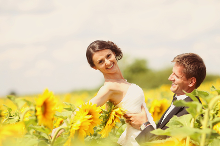 Beautiful bride and groom embracing in sunflower fieldの写真素材