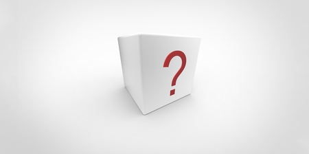 3D white cube with red question mark isolated on white background