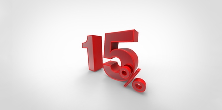 3D rendering of a red 15 percent letters on a white backgroundの写真素材