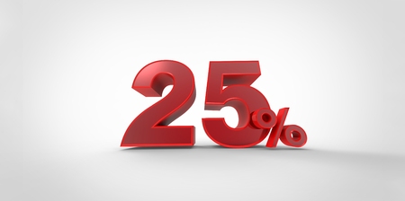 3D rendering of a gold 25 percent letters on a white backgroundの写真素材