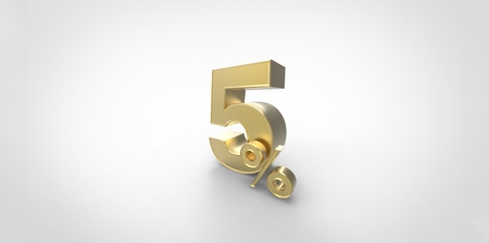 3D rendering of a gold 5 percent letters on a white backgroundの写真素材