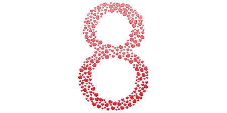 Red 8 March shape from many 3D hearts on white background Women's Mother's dayの写真素材