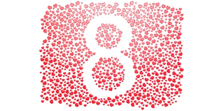 Red 8 March shape from many 3D hearts on white background Women's Mother's day