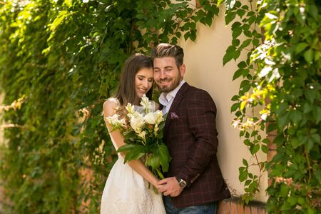 Beautiful engagement couple posing outdoorのeditorial素材