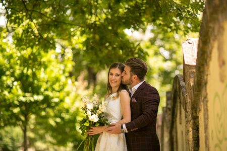 Beautiful engagement couple posing outdoorのeditorial素材