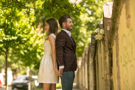 Beautiful engagement couple posing outdoorのeditorial素材