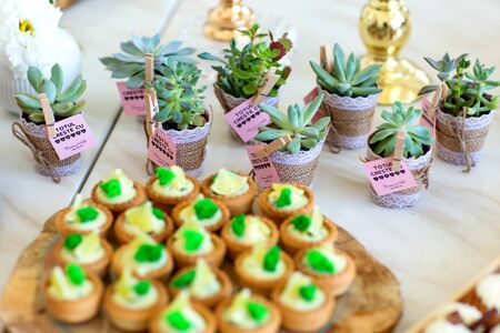 Delicious wedding reception candy bar dessert table full with cakes and sweets and a candlesのeditorial素材