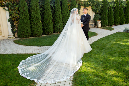 Beautiful young wedding couple posing outdoor, brunette bride and handsome groomの写真素材