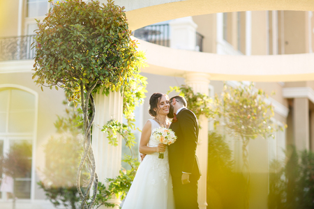 Beautiful wedding couple posing outdoor near luxury structureの写真素材