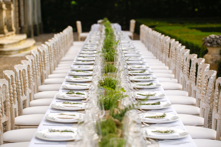 Elegant table setting for wedding at castleの写真素材