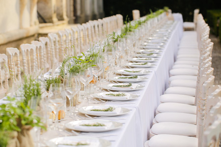 Elegant table setting for wedding at castleの写真素材