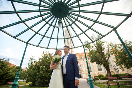 Beautiful wedding couple posing in park under luxury archの写真素材