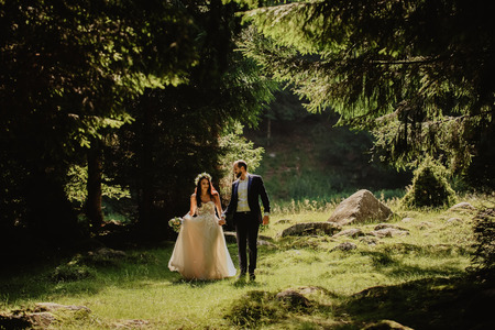 Beautiful wedding couple posing in forestの写真素材
