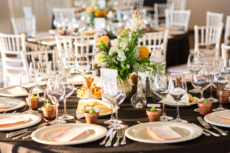Wedding decorations. Decoration of the hall, restaurant. Black tablecloth on Round table.の写真素材