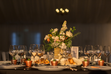 Wedding decorations. Decoration of the hall, restaurant. Black tablecloth on Round table.の写真素材