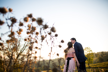 Beautiful wedding couple posing in nature;の写真素材