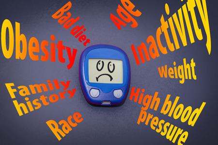 Diabetes risk factors pointing at glucometer illustrating health hazard. Medical conceptの写真素材