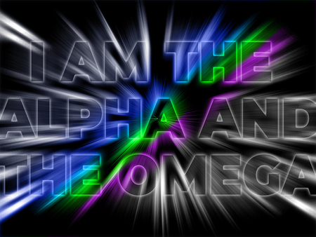 I am the Alpha and Omega - the statement of Jesus with shining bursting effect on dark background -...