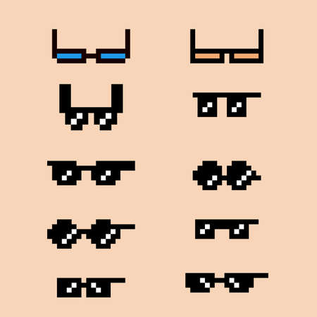 Pixelart eyeglass frame or pixelart sunglasses with 8bit glasses. Pixel art set of glasses and sunglasses. 8-bit pixel art vector, isolated on solid color background.のイラスト素材