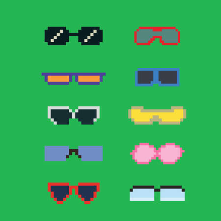 Pixelart eyeglass frame or pixelart sunglasses with 8bit glasses. Pixel art set of glasses and...