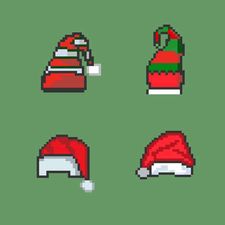 Pixel art Christmas hat and Santa hat Festive Christmas 8bit game itemのイラスト素材