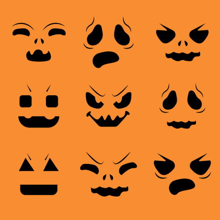 Halloween face icon set. Spooky pumpkin faces silhouettes ghost. Design for the holiday Halloween.のイラスト素材