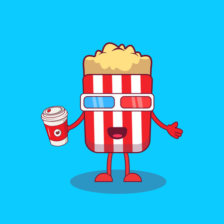 Cute Popcorn Holding Coffee And Straw With 3D Movie Glasses Cartoon Icon Illustration. Movie Food Cartoon Icon Concept Isolatedのイラスト素材