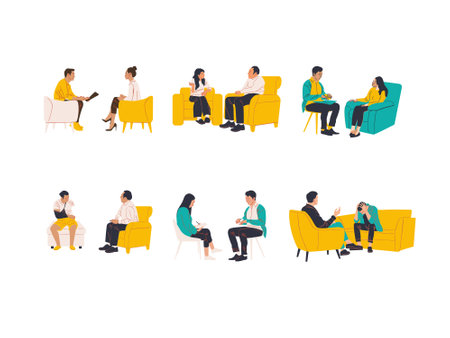 Psychologist or psychotherapist working with patients. Psychotherapy, psychotherapy concept. Flat vector illustrationのイラスト素材