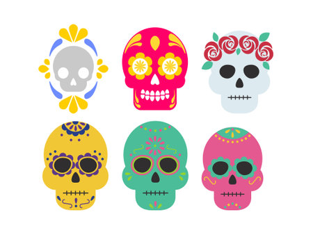 Set of colorful mexican skulls isolated on white background. Vector illustration.のイラスト素材