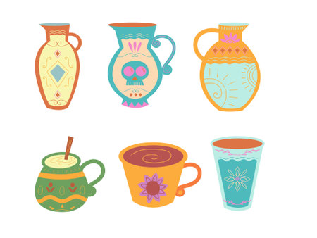 Ceramic vases and mugs. Hand drawn vector illustration.のイラスト素材