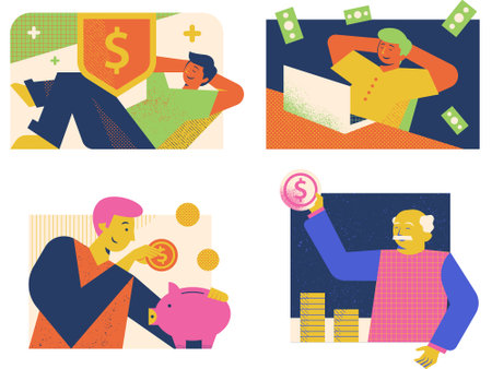 Set of flat vector illustrations of people saving money in a piggy bank.のイラスト素材