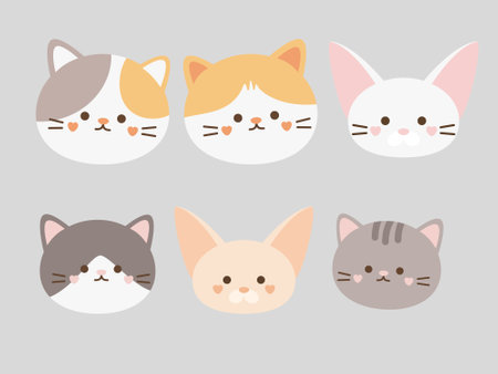 Cute cat face icon set. Vector illustration in flat style.のイラスト素材
