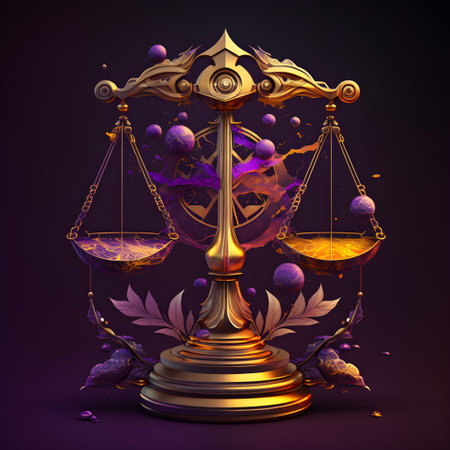 Scales of justice with scales of justice on purple background. 3d rendering AI Generativeの素材