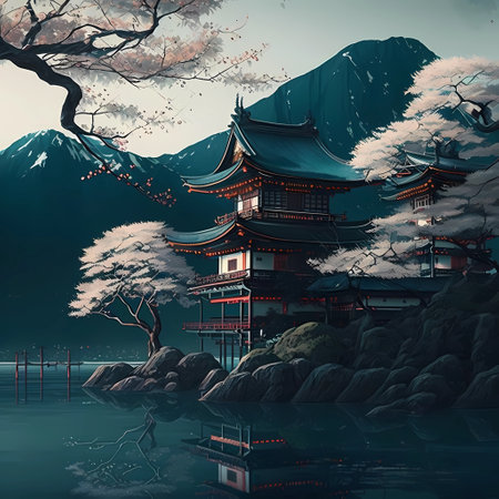 Chinese temple in the mountains. Traditional japanese architecture. Digital painting.の素材