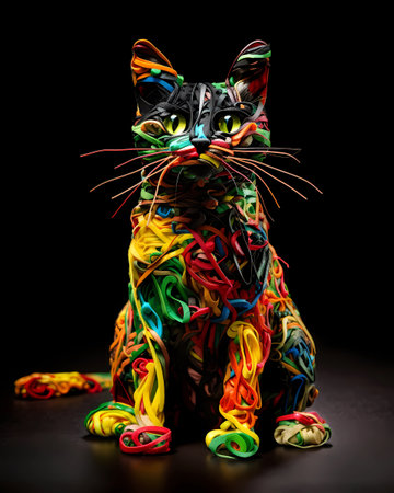 Colorful cat made of rubber bands on a dark background. Studio shot.の素材