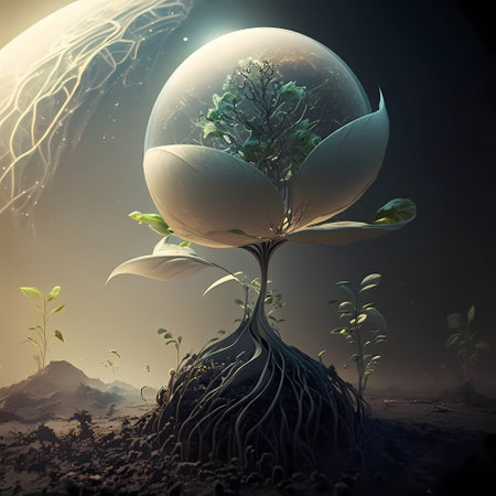 Fantasy landscape with tree and planet. 3d render illustration.の素材
