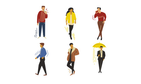 Set of people walking in the rain. Flat style vector illustration.のイラスト素材