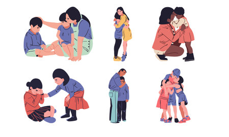 Mothers and children suffer from depression. Set of vector illustrations in flat cartoon style.のイラスト素材