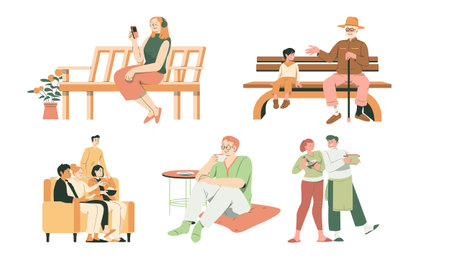 People sitting on bench and drinking coffee or tea. Flat vector illustration.のイラスト素材