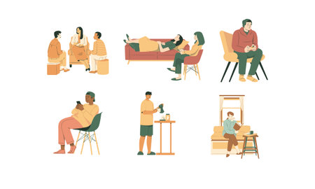 Set of vector illustrations of people in different situations. Men and women sitting on the couch and talking.のイラスト素材