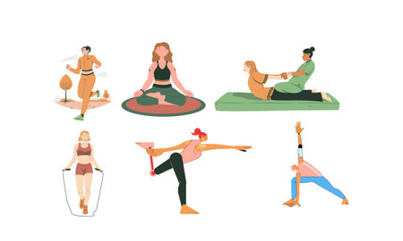 Set of Yoga poses. Vector illustration in flat style isolated on white background.のイラスト素材