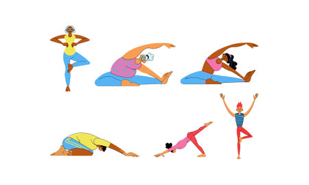 set of women practicing yoga in different poses on white background vector illustration designのイラスト素材