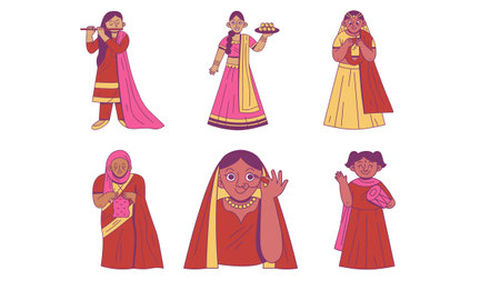 Set of indian women in traditional clothes. Vector illustration in cartoon styleのイラスト素材