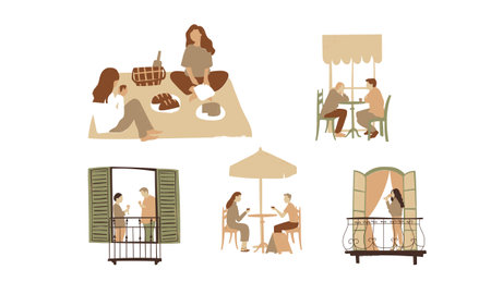 Set of vector illustrations of people sitting on the terrace, drinking coffee and eating.のイラスト素材