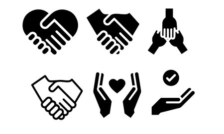Handshake icon set. Hands, handshake, heart, check mark, approved, approved. Vector illustrationのイラスト素材